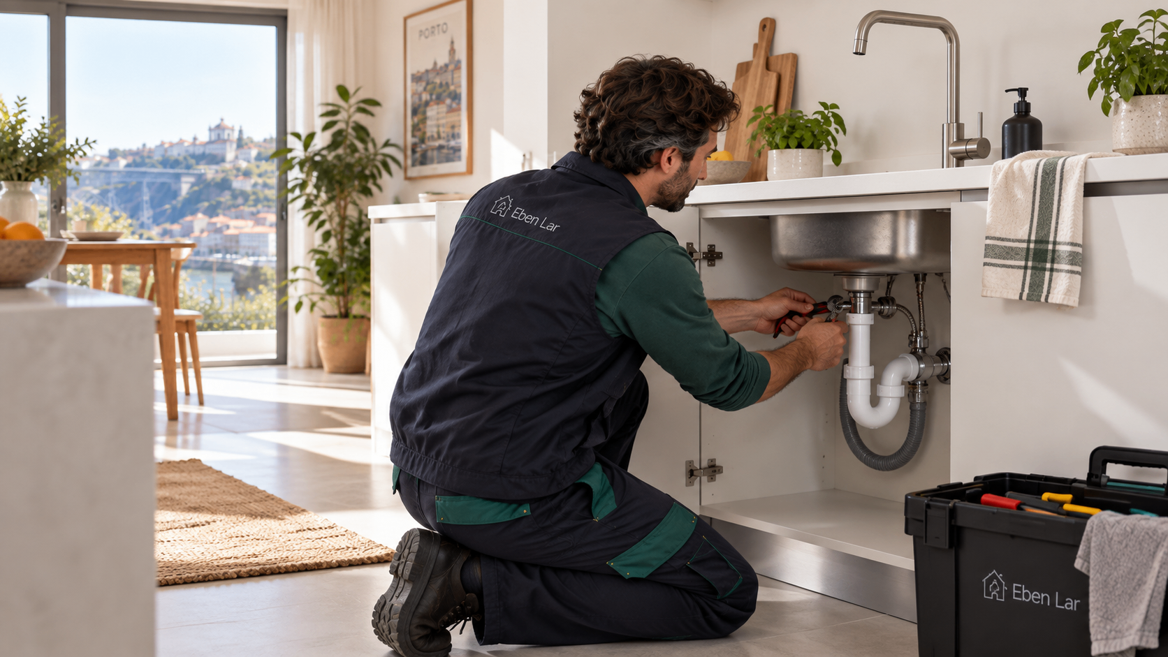 Técnico a reparar a canalização sob um lava-loiça